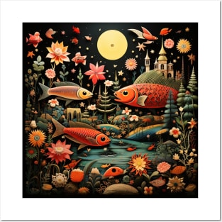 Surrealistic Folk Art Dark Floral Motif Fish Design Posters and Art